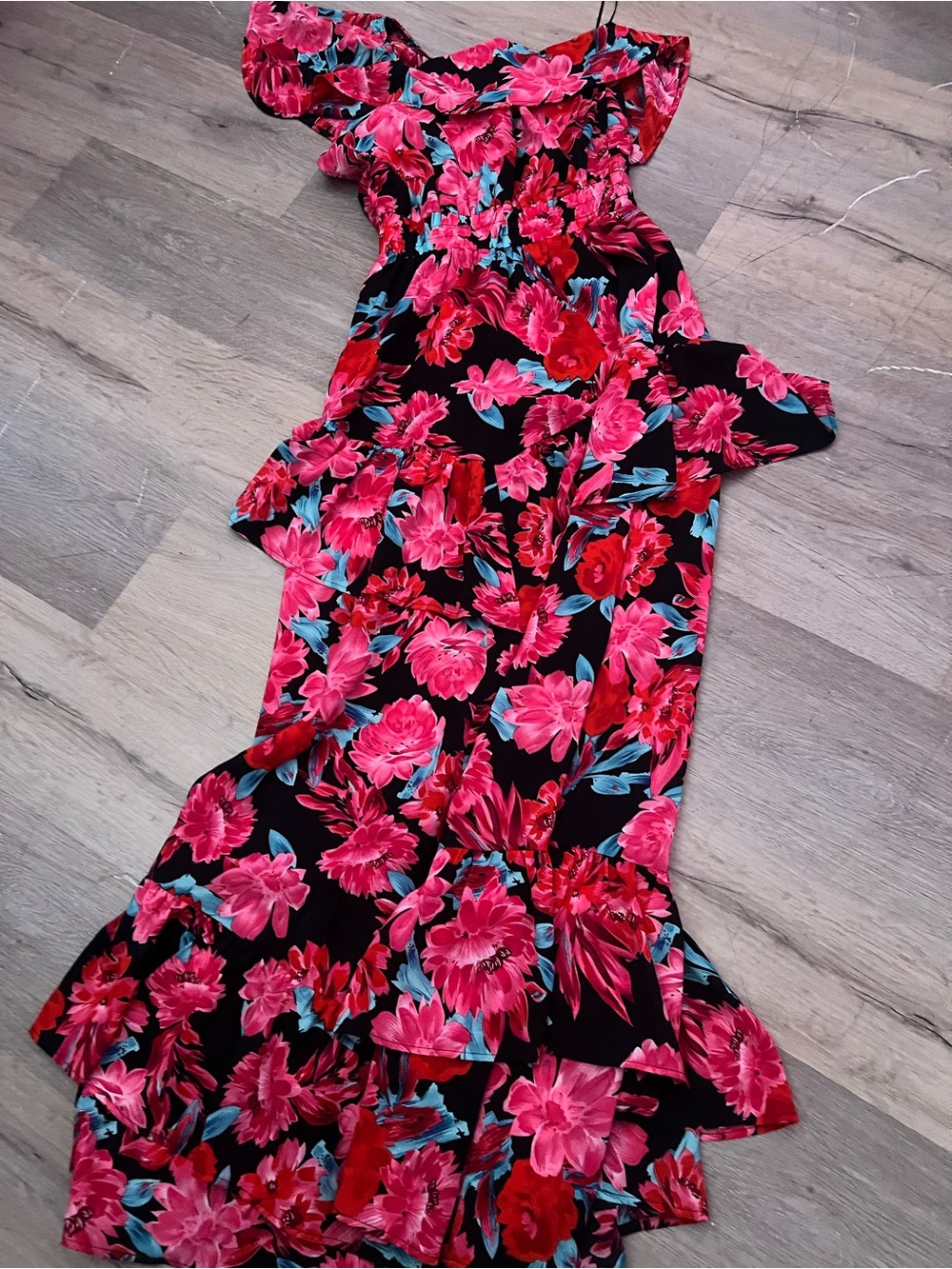 Floral Off-Shoulder Maxi Dress in Pink and Black